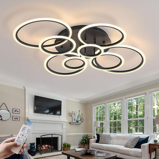 Modern LED Ceiling Light 41inch with Remote Dimmable 8 Ring Flush Mount Ceiling Light Fixture for Living Room Bedroom Kitchen Dining Room (Black)