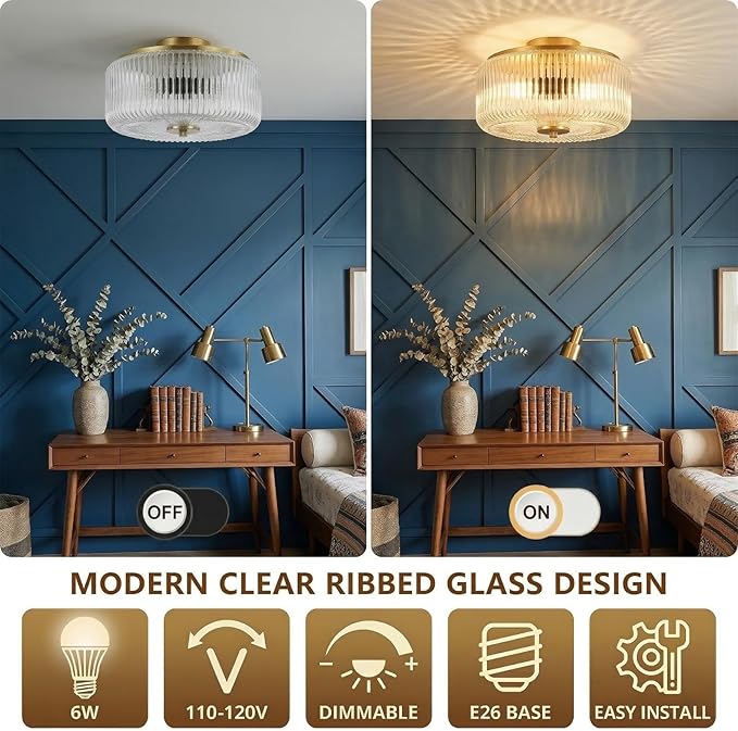 3-Light Flush Mount Ceiling Light, 11.8" Gold Ceiling Light Fixture with Ribbed Clear Glass Shade, Modern Drum Close to Ceiling Lamp with Closed Bottom for Bedroom Hallway Kitchen Entryway