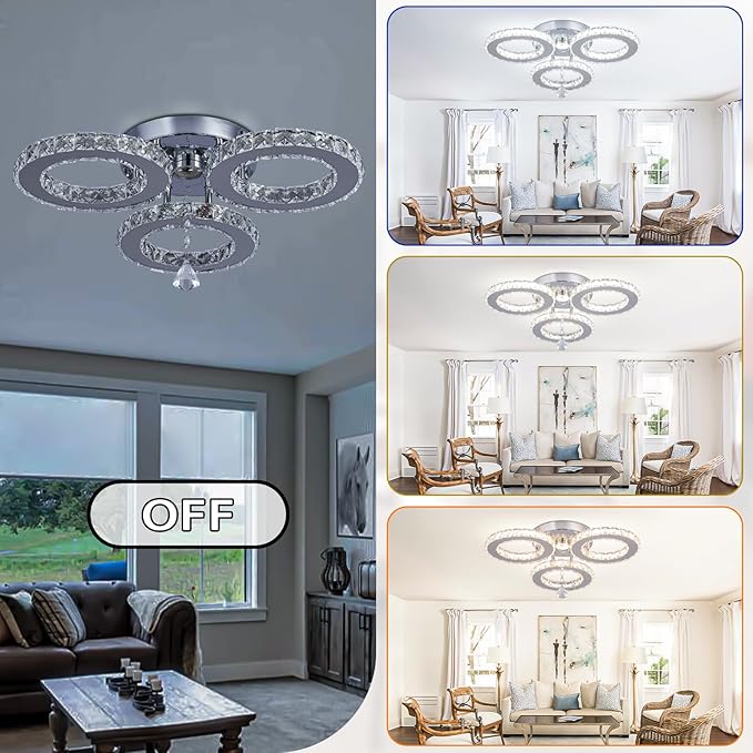 Dimmable LED Crystal Ceiling Light 13x3.5 Inches 3 Rings Crystal Chandelier Flush Mount Lighting Fixture for Bedroom Hobby Living Room