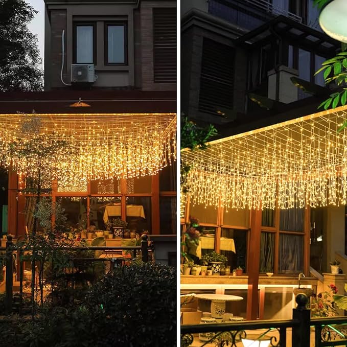 LED Icicle Christmas Lights, 16.4FT 168 LEDs 8 Modes Extendable Eaves Short Curtain Twinkle Dangling Fairy String Lights for Indoor Party Wedding Outdoor Decorations, Warm White, 5M08
