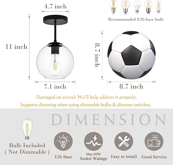 Black Semi Flush Mount Ceiling Light Fixture with Clear Glass Light Fixture Mid Century Light Fixtures Black Semi Flush Ceiling Light Fixtures for Dining Room Kitchen (Bulb Included)