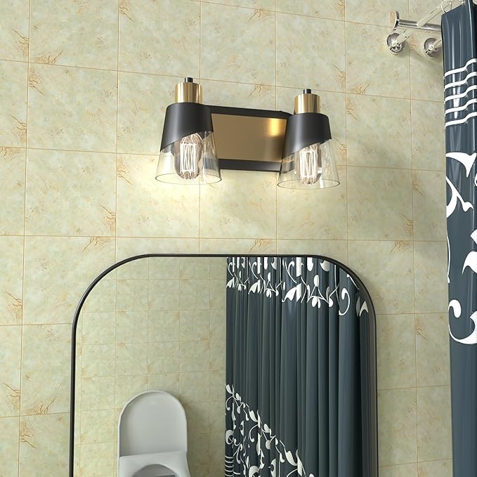 URSOLA 2 Lights Bathroom Vanity Light, Bathroom Lighting Fixtures Over Mirror, 13.8 inch Bathroom Light Fixtures Black and Gold with Bevelled Edge and Clear Glass Shade Wall Lamp