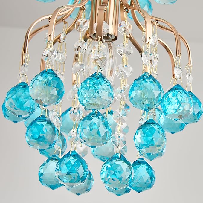 Surpars House Elegant Mini Chandelier Flush Mount Crystal Pendant Light,Golden (Blue Shade)