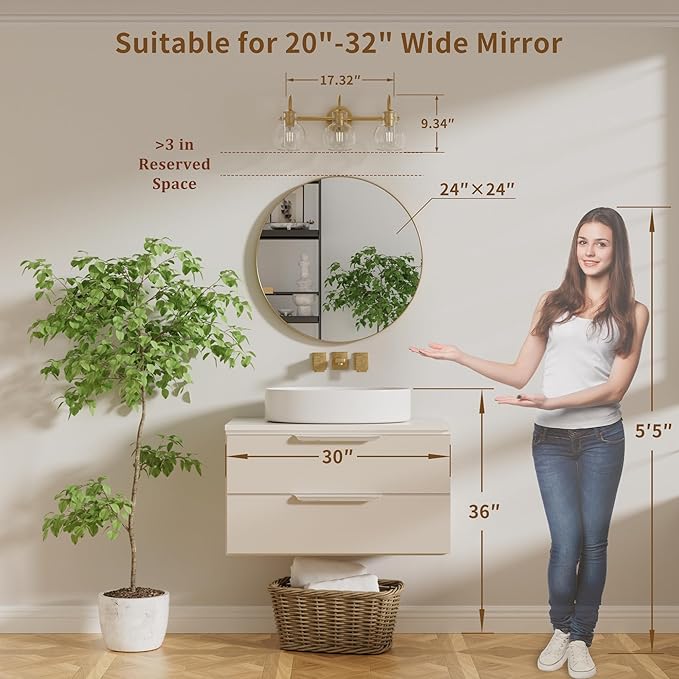 Gold Vanity Light, 3 Light Bathroom Light Fixtures, Modern Bathroom Vanity Lights Fixtures Over Mirror with Clear Globe Glass Shade, Gold Wall Sconces for Bathroom Hallway, E26 Base