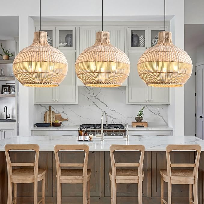 15" Rattan Pendant Light Fixture,3-Light Hand-Woven White Wicker Basket Chandelier Boho Faux Rattan Hanging Lamp,for Dining Living Bedroom Kitchen1-Pack