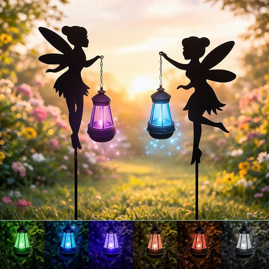 Solar Fairy Garden Accessories Outdoor 1 Pair - Metal Stakes Decorative Figurines Housewarming Ornament for Patio, Lawn, Yard, Pathway - Unique Gift Ideas for Mom Grandma (Type B Color-Shifting)