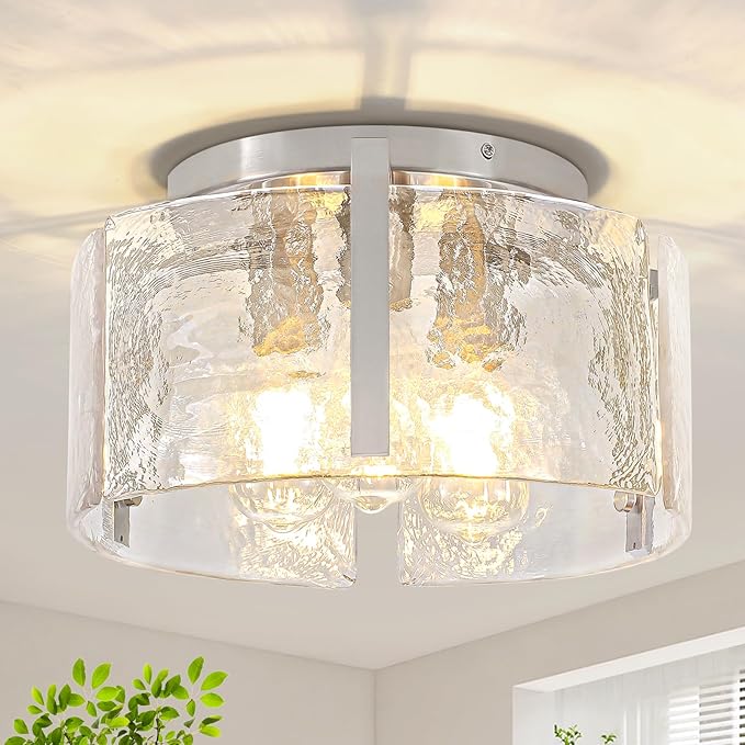 15'' Modern Brushed Nickel Semi Flush Mount Ceiling Light, Hallway Light Fixtures, 3-Light Glass Ceiling Lights for Entryway Kitchen Dining Room Foyer Bedroom Laundry Room Bathroom Lighting Fixtures