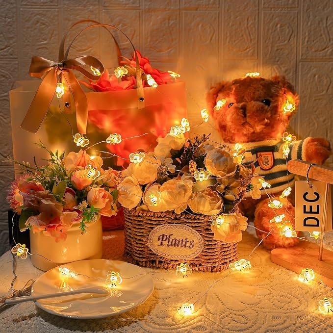 Bee Decor String Lights with Twinkling 10Ft 30Leds Battery Operated Spring Bee Bumble Cottage Core Decor Honey Gifts for DIY, Home, Classroom, Birthday, Party, Wedding, Christmas Tree