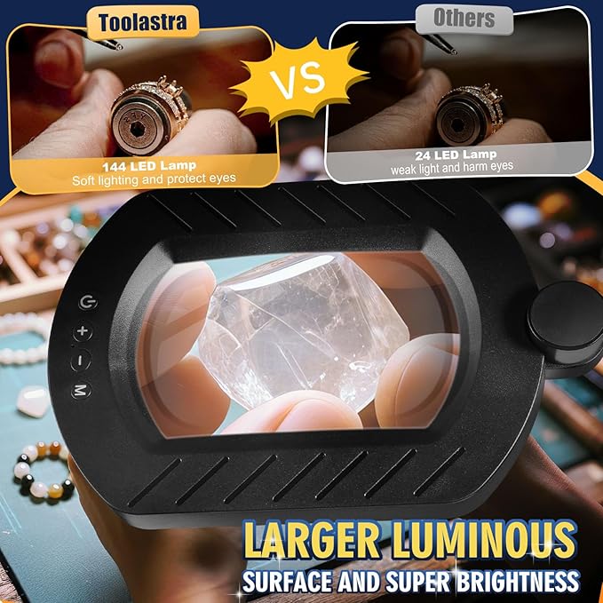 12X Square Magnifying Glass with Light and Stand with 144 LEDs Brightness, 5 Color Modes Hands Free Lighted Magnifying Glass, 10 Dimmable Brightness Magnifying Desk Lamp for Close Work Craft Reading