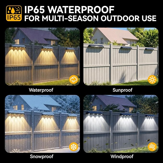 11.81inch Solar Fence Lights Outdoor Waterproof, 3-Mode (3000K/4000K/6000K),4 LED with Upgraded High-Efficiency Solar Panel & Wide Beam for Backyard/Patio/Deck/Step/Home Improvement(6 Pack)