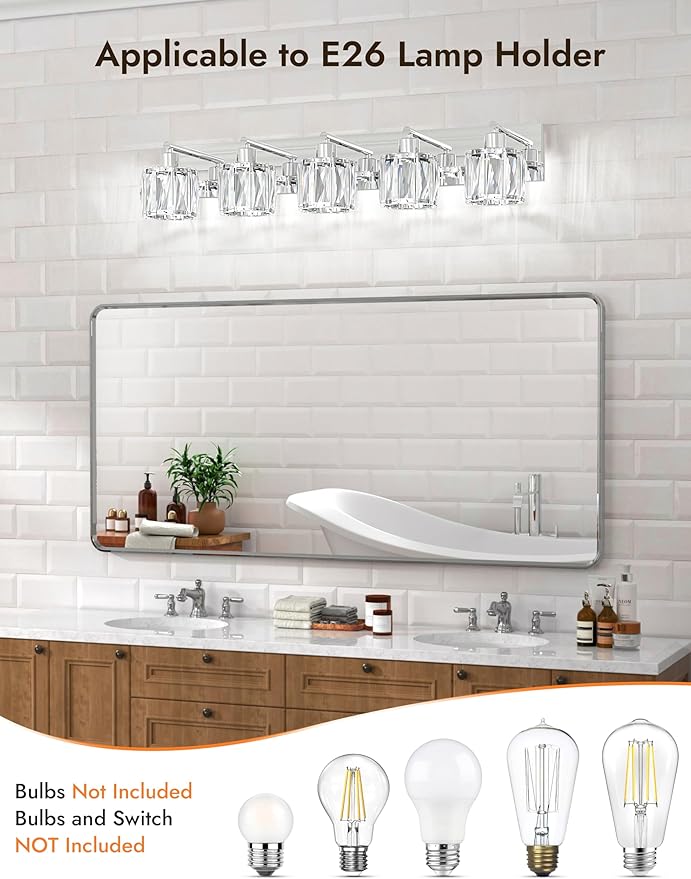 VOLISUN Crystal Vanity Lights for Bathroom, 5 Light Modern Stainless Steel Bathroom Light Fixtures Over Mirror, Chrome with Glass Lampshade - UL Certificated (Exclude Bulb)