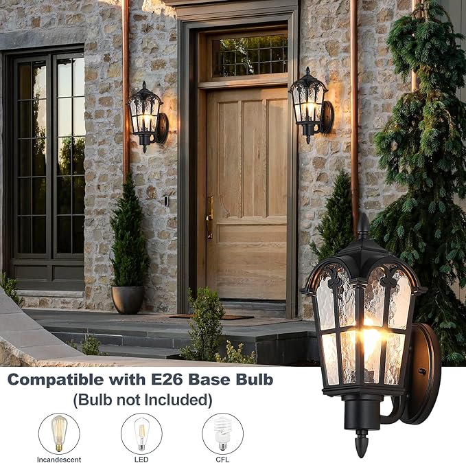 Sucolite Outdoor Wall Light Fixtures Wall Mounted, Exterior Waterproof Porch Lights Wall Lanterns, Outside Wall Sconces with Water Ripple Glass for House Front Door Garage, Retro Vintage Style, 2 Pack
