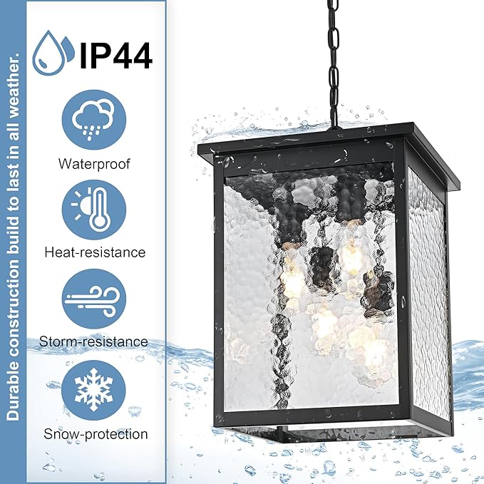 TODOLUZ Large 4-Light Outdoor Pendant Light Fixture, Exterior Hanging Porch Lighting with Hammered Glass for Foyer Entryway, Adjustable Long Chain & E26 Bulb Base