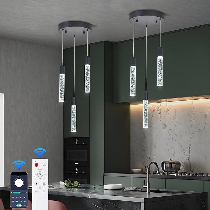 3-Light Bubble Crystal Ceiling Matte Black Integrated Crystal Pendant Chandelier,Dimmable LED Ceiling Light with Adjustable Height for Kitchen Island, Dining Room & Bedroom 3000K -6000K