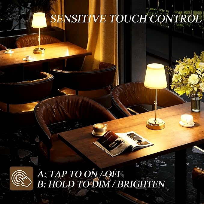 Rechargeable Cordless Table Lamp Gold - 1 Pack Brass 7500mAh Battery Operated Lamp, Small Antique Brass Aesthetic Desk Lamp for Kitchen Counter, Bathroom Vanity & Dining Room