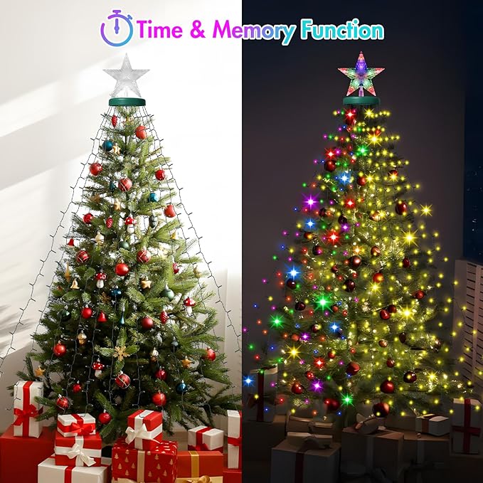 Christmas Tree Lights with Star Topper, 410LED Christmas String Lights with Ring for Tree, 6.6FT x 16 Lines Fairy Lights with 11 Modes for Indoor Outdoor Xmas Tree Decor, Warm White & Multi-Colored