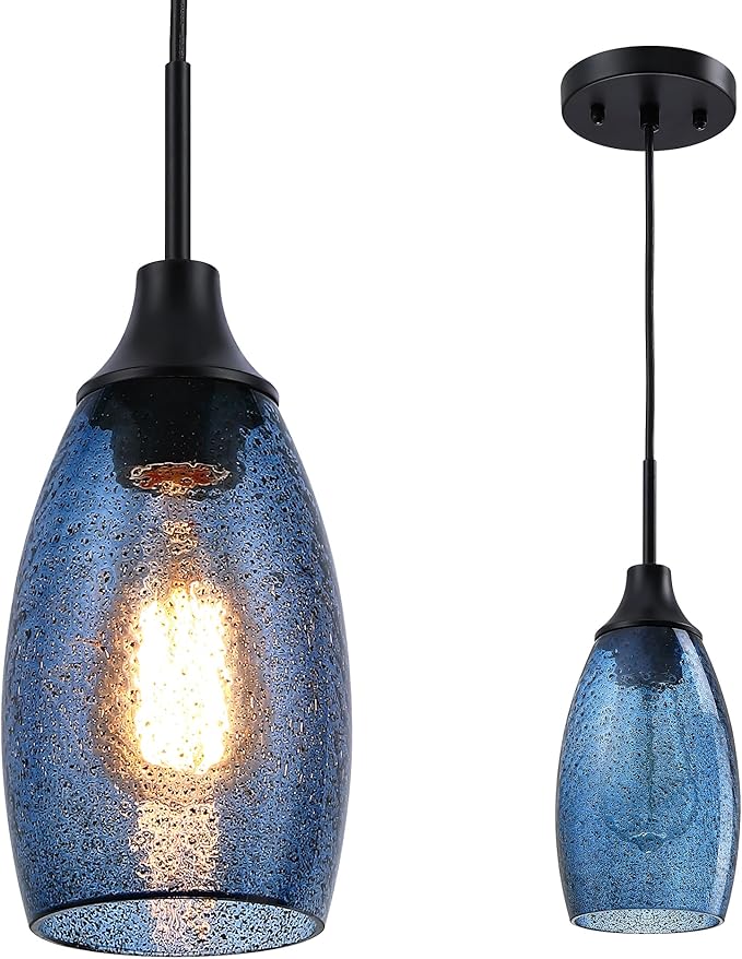 Viinew Mini Glass Pendant Light 1-Pack Handblown Clear Dark Blue Seeded Glass Shade Adjustable Cord Ceiling Light Fixture for Kitchen Island Sink 4.72"