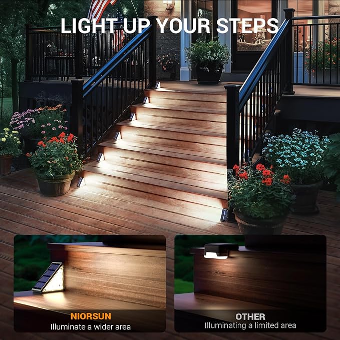 NIORSUN Outdoor Step Lights, 6 Pack Solar Stair Lights Outdoor Waterproof IP67 Auto On Off, Solar Lights for Steps,Stair,Patio,Yard,Porch,Front Door,Sidewalk,Deck Decor,Cool White