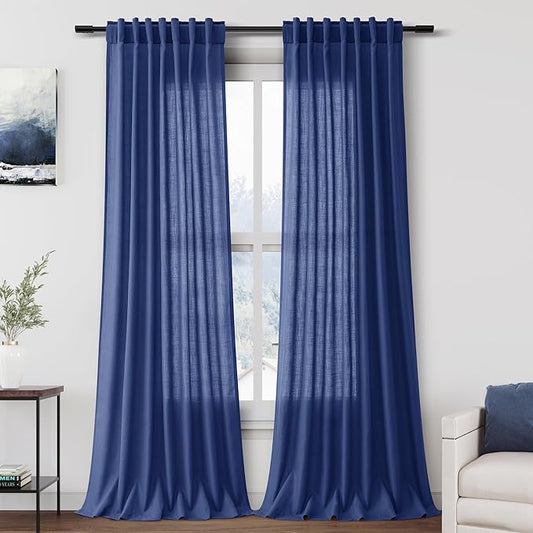 Nanspring Classic Blue Linen Curtains 108 Inches Long for Living Room Bedroom 2 Panels Set Extra Long Back Tab Curtain Light Filtering Sheer Drapes Floor to Ceiling Curtain for Large Windows 52x108