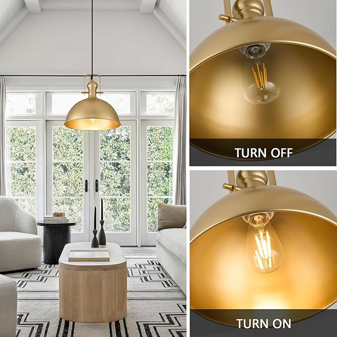 12 Inch Gold Farmhouse Pendant Lights Matte Pendant Lights for Kitchen Island Industrial Adjustable Height Vintage Dome Hanging Light Fixtures for Barn, Dining Room 3 Packs