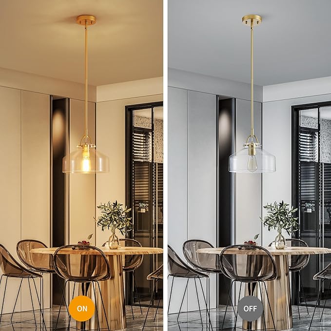 WUZUPS Chandelier Rustic Farmhouse Industrial Round Ceiling Pendant LED Light Fixture with Clear Glass Shades for Dining Room Kitchen Island Foyer Entryway, H 9.4" x W 10.6", E26 Base, Gold