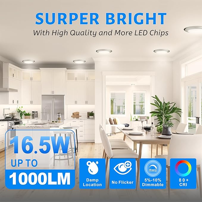 ECOELER 6" Dimmable LED Disc Light, 3000K/4000K/5000K Selectable Surface Mount Ceiling Lighting, Brushed Nickel Aluminum Baffle Trim Flush Mount Downlight, ETL-Listed, 4 Pack