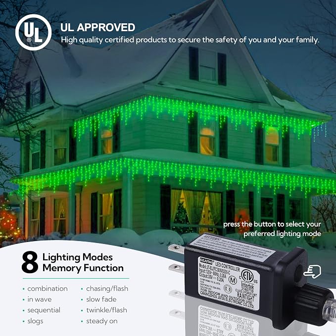 Hopolon Green Christmas Icicle Lights, 33FT 360 LED 60 Drops | Waterproof connectable curtain string lights with 8 modes and memory, for outdoor St. Patrick’s Day, party, holiday decor