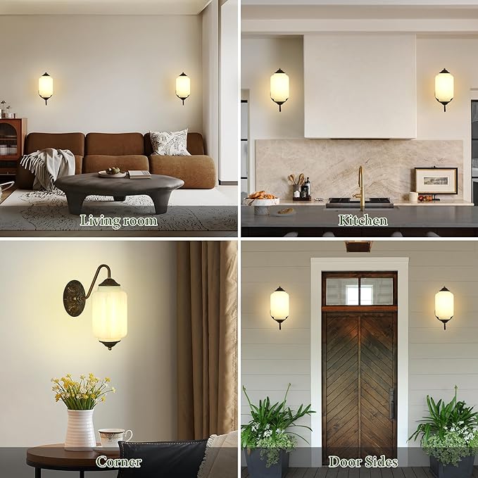 Vintage Milk Glass Wall Sconce - Set of 2 Green Dimmable Wall Mount Lighting with Bulbs - Antique Brass Gold Sconces - Mid Century Vanity Light Fixture for Bathroom Bedroom Living Room Hallway Decor