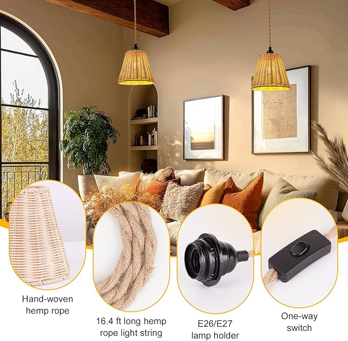 Pendant Light Hanging Lights 15ft Plug in Pendant Light - Hanging Light with On Off Switch Plug in Cord Pendant Light Fixture E26 E27 Light SocketCord for Bedroom Living Room ( 4-Wicker Lampshade)