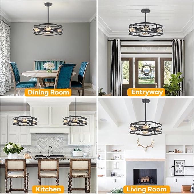 Black Semi Flush Mount Ceiling Lights, Sloped Dining Room Light Fixture Farmhouse Chandelier, Kitchen Island Pendant Lighting Adjustable Height for Entryway Hallway Foyer