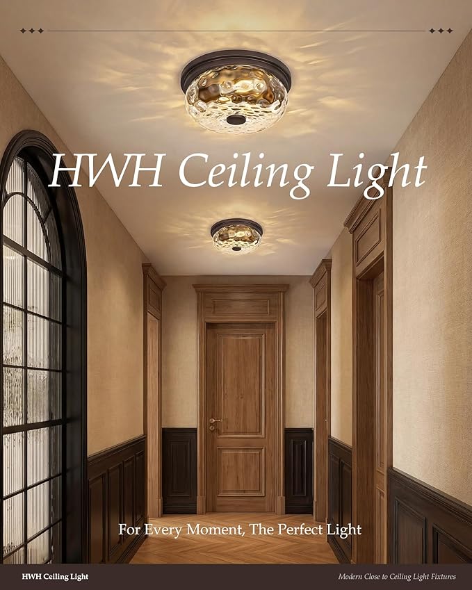 Farmhouse Ceiling Light Fixtures, HWH 2-Light Flush Mount Ceiling Light for Bedroom, Indoor Ceiling Mount Light with Water Ripple Glass, Oil-Rubbed Bronze Finish, 5HJX109F ORB-WG