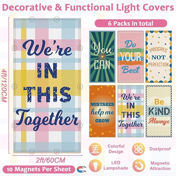 QOUBAI 6 Pcs Fluorescent Light Covers,4 x 2 Ft Magnetic Light Filters Inspirational Fluorescent Lights Shade Easy Install for Classroom Office Library Hospital Home Ceiling Positive