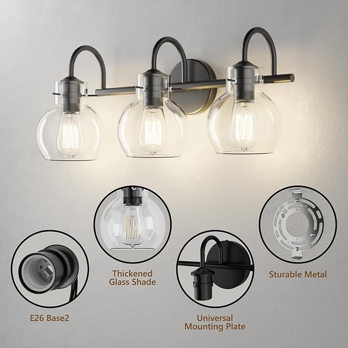 Black Vanity Light, Modern 3 Light Bathroom Light Fixtures Over Mirror Matte Black Bathroom Vanity Light with Globe Glass Shade, E26 Base, 17 Inch, UL Listed