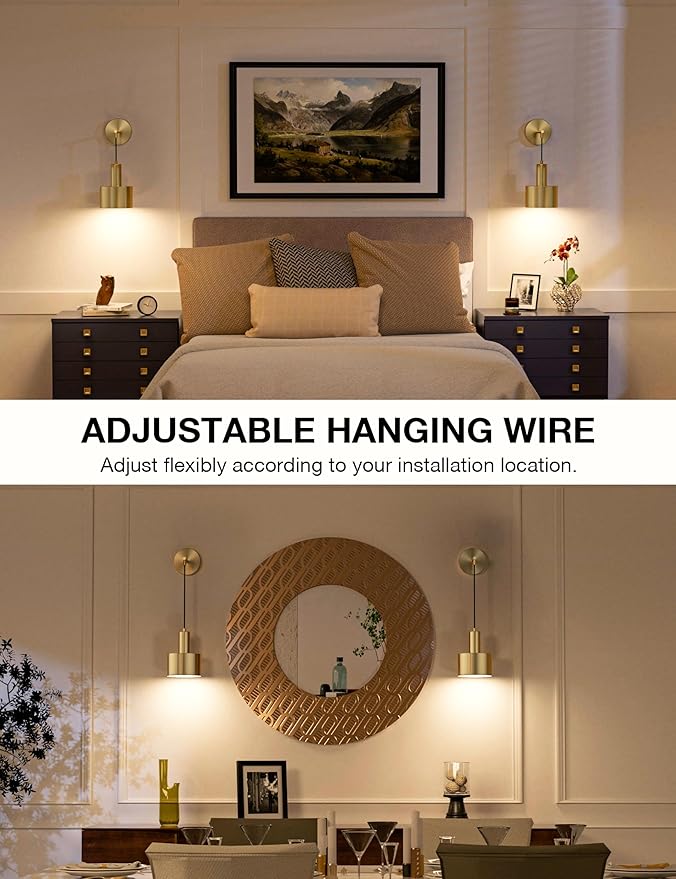 NIORSUN Battery Operated Wall Sconce Set of 2, Gold Wireless Rechargeable Wall Lights with 5200mAh Dimmable Detachable Bulbs and Remote, 9 Colors Sconces Wall Decor for Bedroom Living Room Hallway