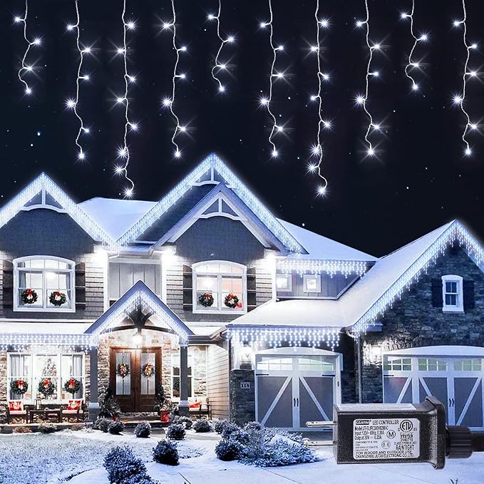 Hopolon 33FT 360 LED White Christmas Icicle Lights,Waterproof Plug in | Outdoor icicle curtain lights with 60 drops, 8 modes, for Christmas, wedding, party, bedroom, garden, wall decor
