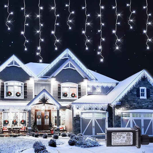 Hopolon 33FT 360 LED White Christmas Icicle Lights,Waterproof Plug in | Outdoor icicle curtain lights with 60 drops, 8 modes, for Christmas, wedding, party, bedroom, garden, wall decor