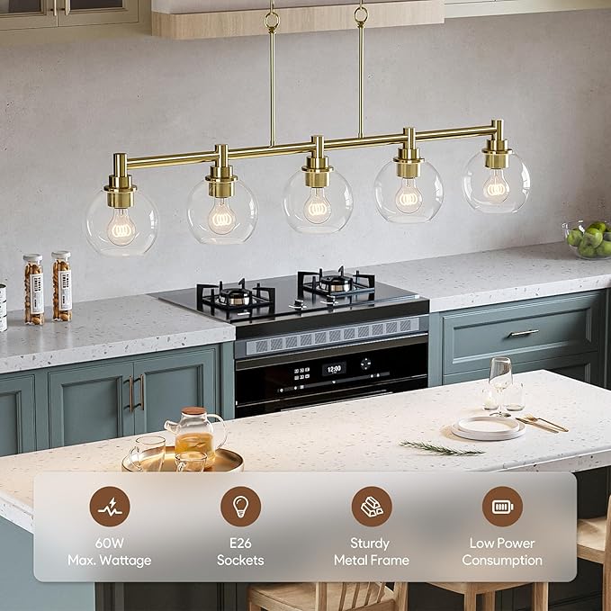 VONLUCE Dining Room Light Fixture Over Table, 5-Light Kitchen Island Lighting with Round Glass Shades & Adjustable Hanging Heights, Linear Chandlier for Dining Room Kitchen, Gold, ETL Certificated
