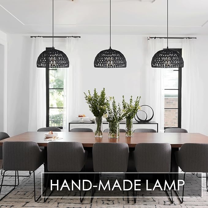 Ayshwill Dec Black Rattan Wicker Pendant Light - 15ft Boho Rattan Chandelier for Dining Room Kitchen Island (Bulb Included)