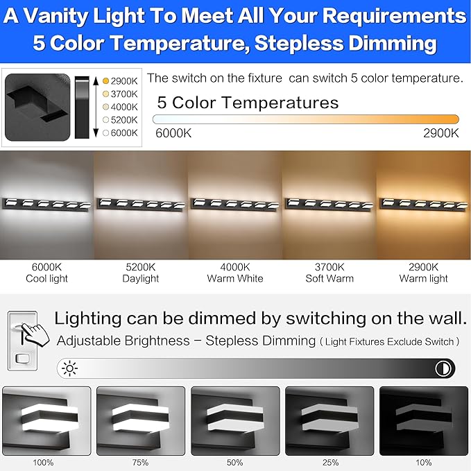SOLFART Bathroom Light Fixtures, 5 Color Temperature Modern Vanity Lights, Black 6 Lights LED Lighting Light Color Adjustable 5CCT