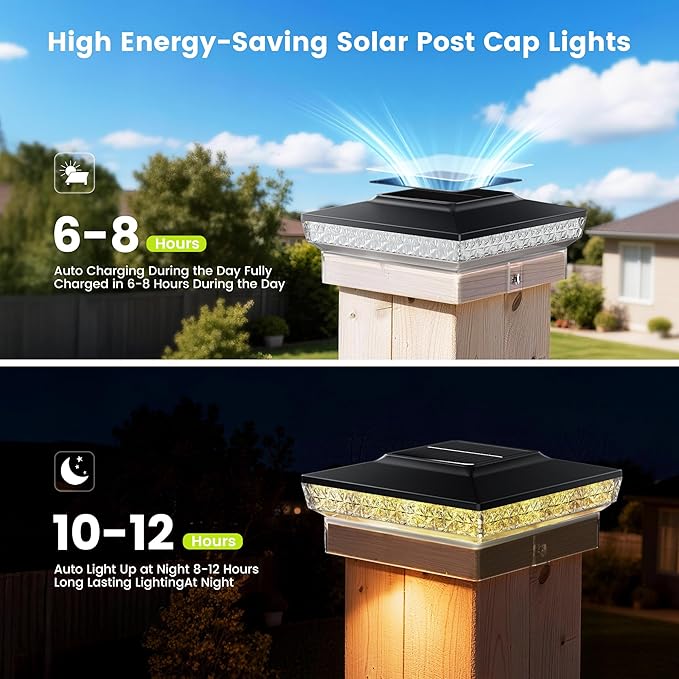 KEILAIMO Solar Post Cap Lights 12 Packs for 4x4 Wooden/Vinyl Posts, IP65 Waterproof Fence Post Solar Lights with Warm/Cool/Neutral Lighting, Outdoor Post Lights for Garden, Patio, Porch- Black