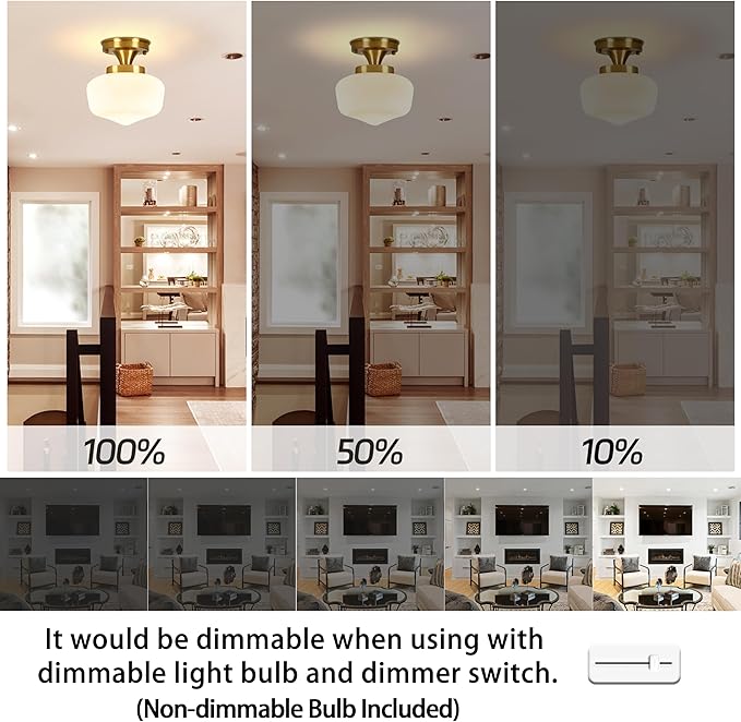 Brass Schoolhouse Ceiling Light 8" Mid Century Lights Fixtures Milk Glass Light Fixture School House Lights Fixture Ceiling Semi Flush Mount Ceiling for Bedroom Bathroom (Bulb Incl.)