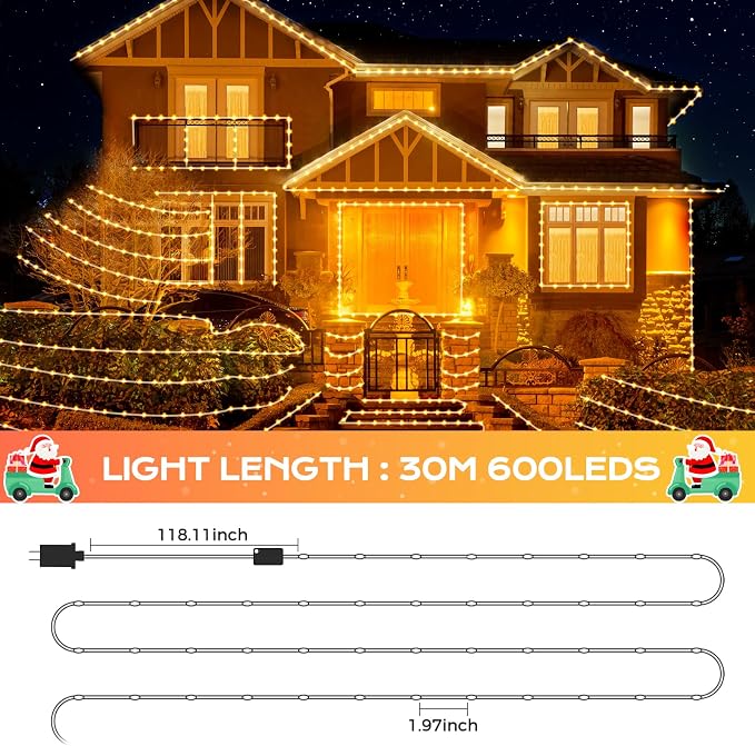 Marchpower Christmas Strip Lights Warm White - 98FT 600LED 9 Modes Chasing Clear Christmas Tree Lights, Waterproof Plug in Xmas Strip Light for Outdoor Indoor House Decor