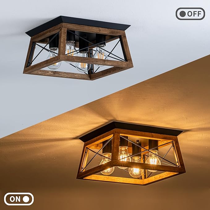 Farmhouse Light Fixture, 4-Light Rustic Ceiling Light, Trapeziform Wood Flush Mount Ceiling Light for Kitchen, Hallway, Entryway, Bedroom