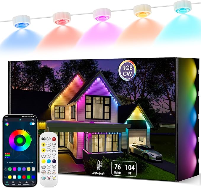 BEFAMALI 104FT Permanent Outdoor Lights, RGB Smart Outdoor Lights for House, IP67 Waterproof Outside Light, APP & Remote & Voice Control, 76 Scene Modes Music Sync for Backyard & Party Decor