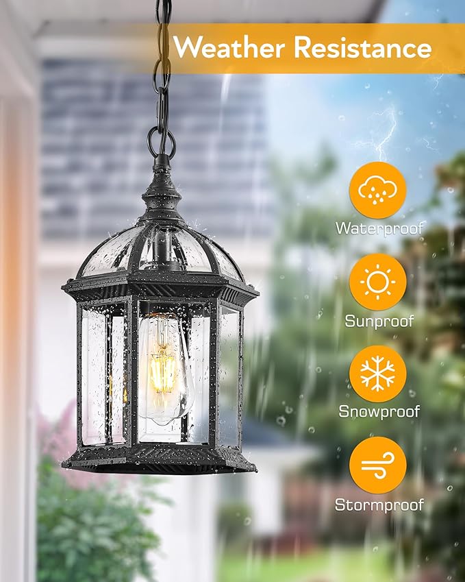 VIANIS 13.8" Large Outdoor Pendant Light Fixture, Black Hanging Porch Lights with Tempered Glass, Anti-Rust, Waterproof Outside Ceiling Light, Adjustable Chandelier Hanging Lantern for Entryway Yard