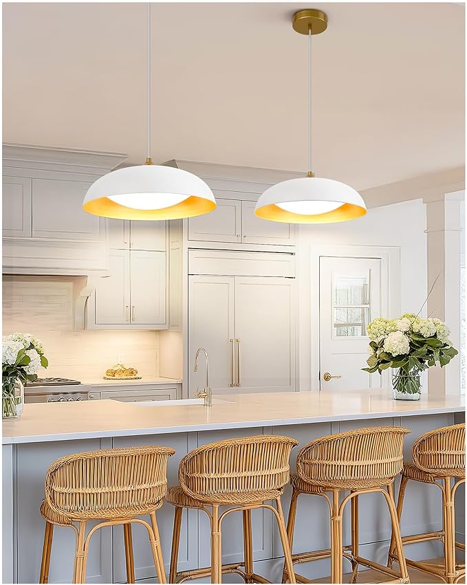 kudos LED Pendant Light Fixtures, Modern White and Gold Pendant Lights, 15 Inch Large Hanging Light Fixtures for Kitchen Island, Dining Room, Living Room, Bedroom, 5CCT Adjustable, KDPL02-WT