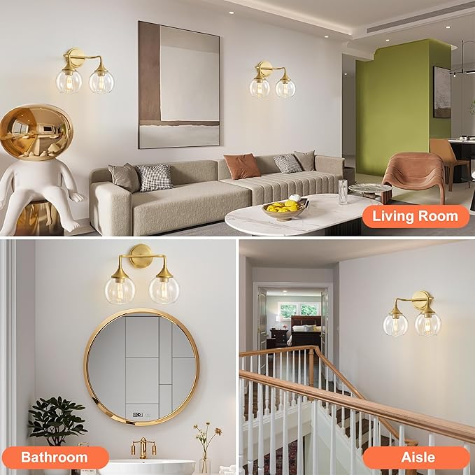 Gold Bathroom Vanity Light with Clear Glass Shade, E26 Base, 2-Light Bathroom Light Fixtures Over Mirror, 14 Inch Vanity Lights for Bathroom (Exclude E26 Bulb)