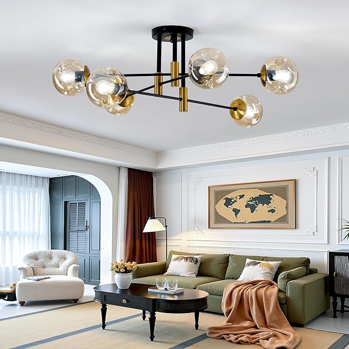 SZXYKEJI 6-Lights Sputnik Ceiling Light Fixture Mid Century Modern Glass Globe Flush Mount Chandelier Black and Gold Farmhouse Lighting for Living Room Dining Room Bedroom Kitchen