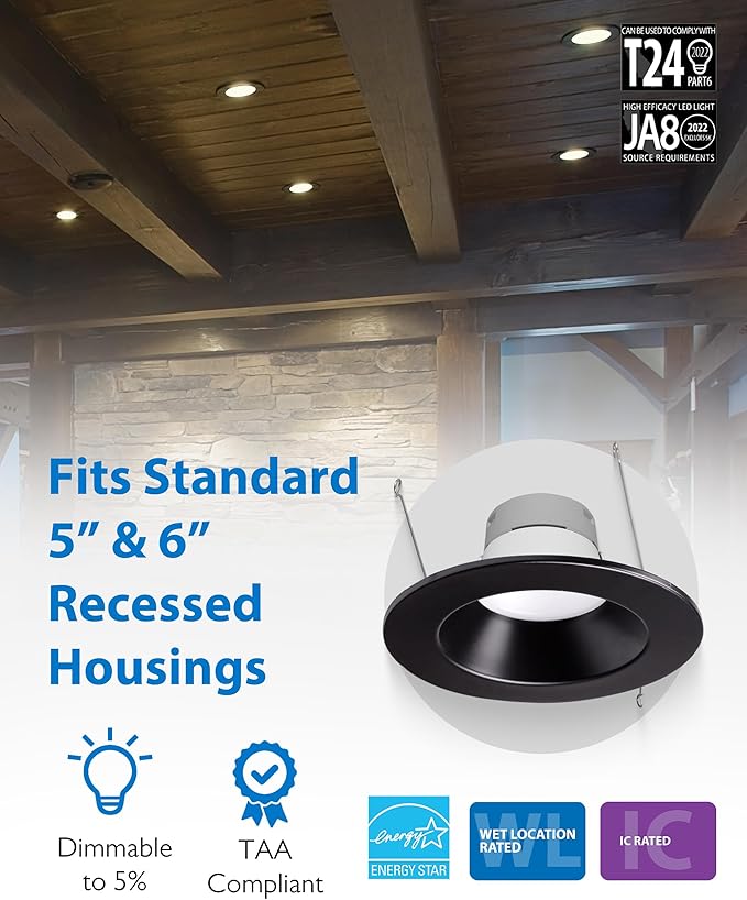 Recessed Ceiling Lights LED Downlight - Dimmable 5/6 inch LED Recessed Light Fixtures - Selectable CCT 2700K-5000K, 918 Lumens, 10.3W - DLR56 Retrofit Ceiling Light, Black, 12-Pk by NICOR Lighting