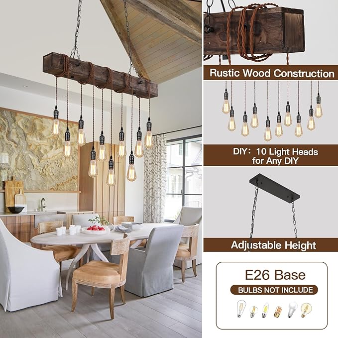 KEESFU 10-Lights Rustic Chandeliers for Dining Room, Farmhouse Wooden Ceiling Pendant Light, Height Adjustable, Rectangle Chandelier for Kitchen Island Dining Room Bar Pool Table Cabin.